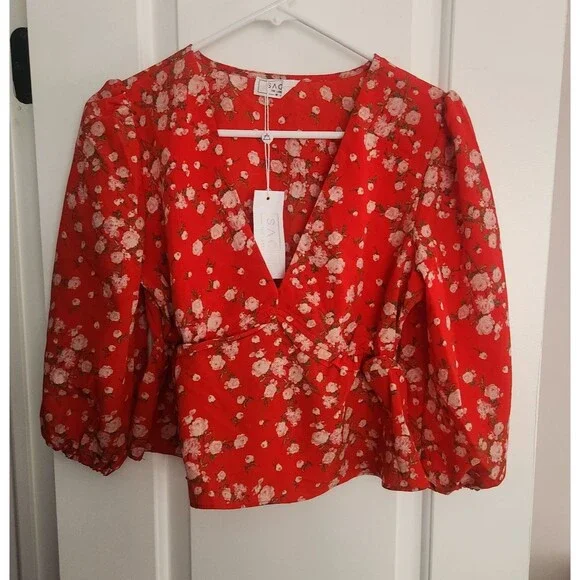 NWT Sage the Label Lulus Red Floral Wrap Top - Puff Sleeve Peplum Blouse-Mediu - Picture 3 of 8